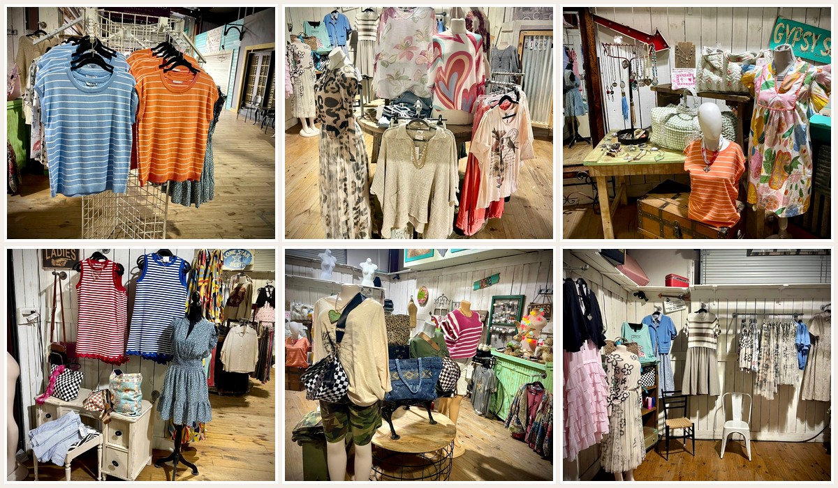 Kirby's Boutique booth at First Monday Trade Days in Canton, TX — colorful clothing displays, mannequins, and accessories