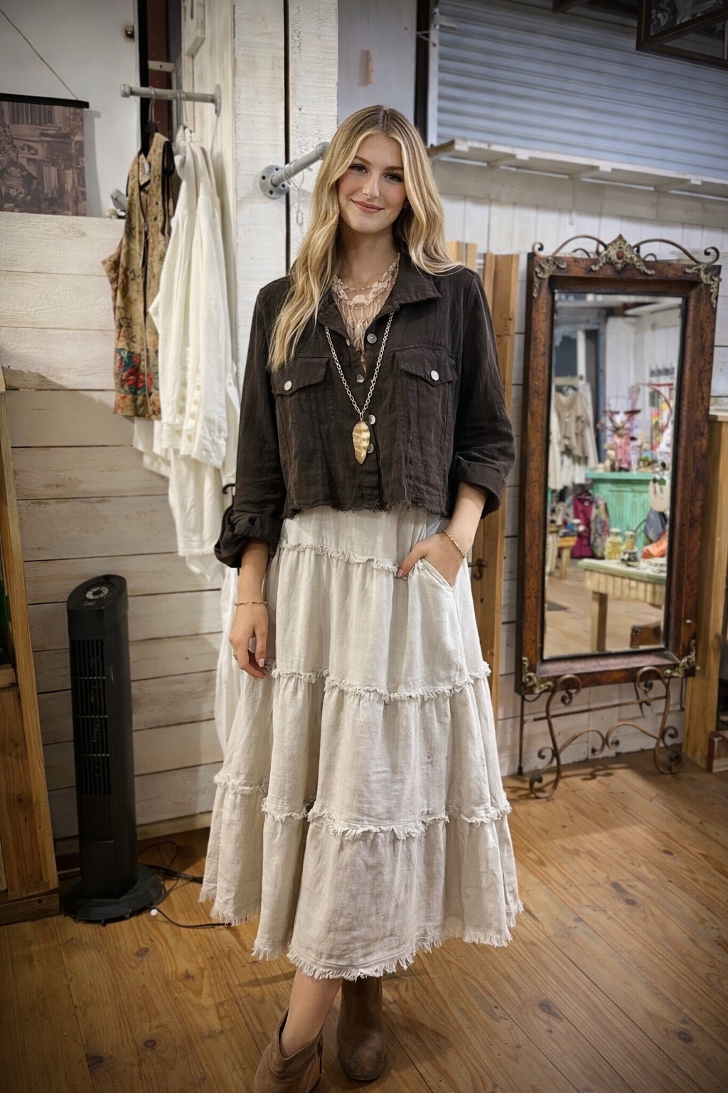 Boho maxi skirt with cropped jacket and layered necklaces