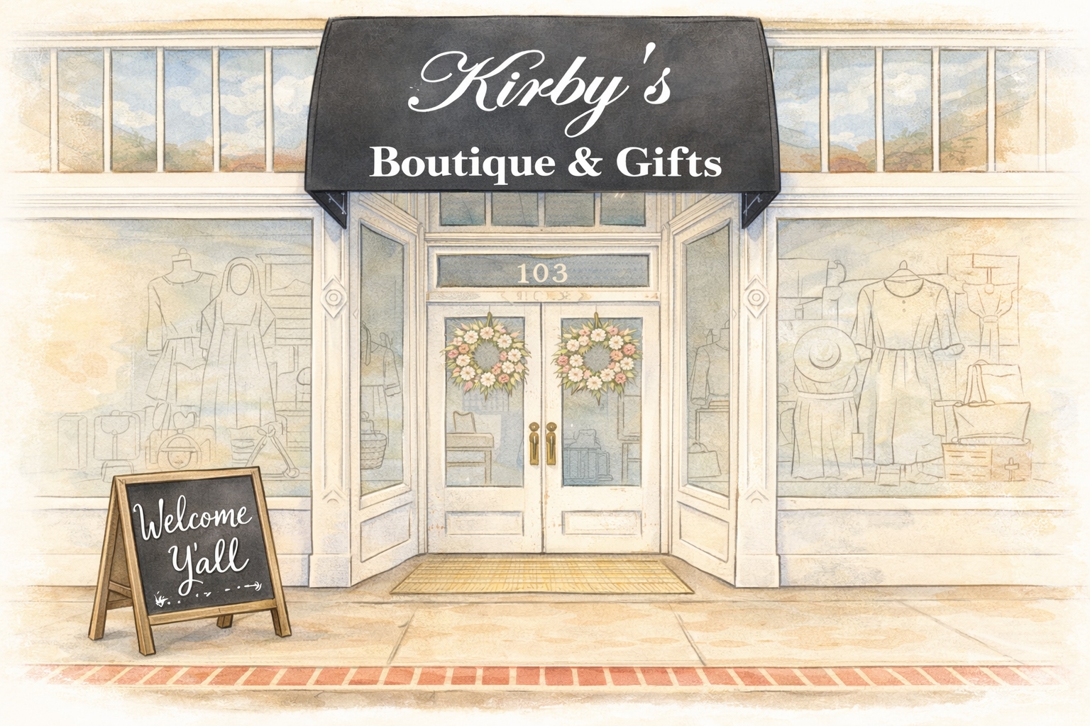 Kirby's Boutique & Gifts storefront illustration — 103 E Grove St, Kaufman TX on the downtown square, with flowers, wreaths, and a Welcome Y'all chalkboard sign